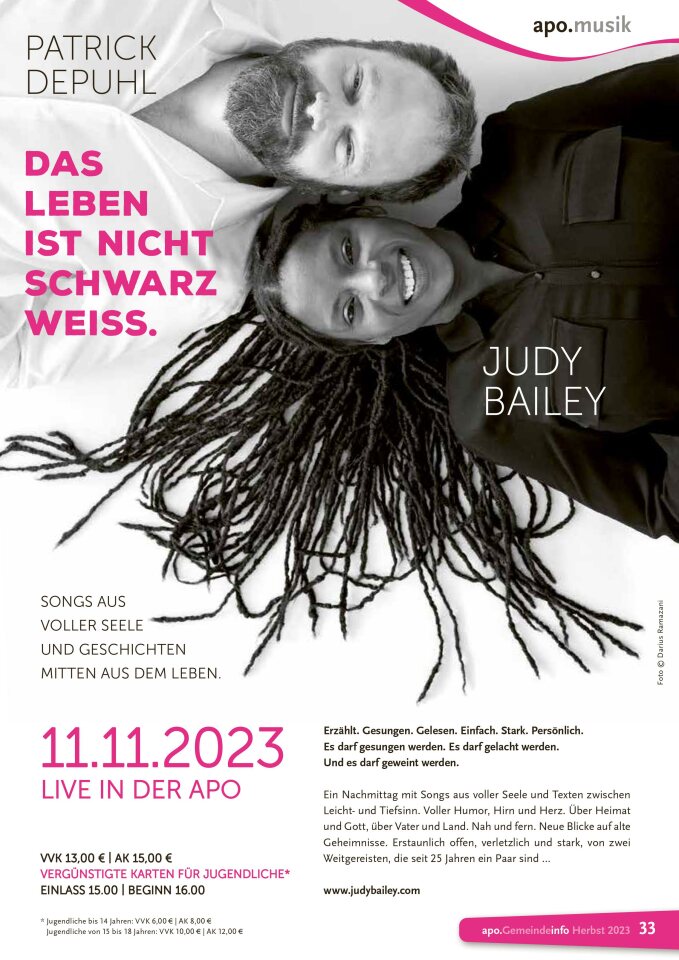 Konzertankündigung Judy Bailey und Patrick Depuhl am 11.11.23 um 16Uhr. Karten im VVK 13€